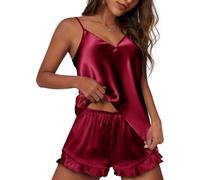 Ekouaer Pyjamas Schlafanzug Damen Kurz Satin Sexy Damen Pyjama Set Sommer V-Ausschnitt Zweiteiliger Pjs Sets Sleepwear Rotwein M