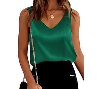 Ekouaer Satin Top Damen Elegant Blusentop Basic Cami Sommer Tank Top Lässiges V-Ausschnitt Weste Shirt Ärmellose Satinbluse,Dunkelgrün,S