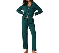 Ekouaer Schlafanzug Damen Baumwolle Pyjama Langarm Pyjama Set mit Knopfleiste Nachtwäsche V-Ausschnitt Zweiteiliger Pjs Sets Grün L