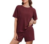 Ekouaer Schlafanzug Damen Kurz Pyjama Set Sommer Nachtwäsche Shorty Schlafanzüge Kurzarm Hausanzug Rundhals Loungewear, Rot XXL