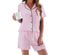 Ekouaer Schlafanzug Damen Kurz Pyjama Set Sommer Schlafanzüge für Frauen Kurzarm Pjs Sets mit Knöpfen Zweiteiliger Damen Nachtwäsche, Hellrosa, XXL