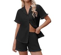 Ekouaer Schlafanzug Damen Kurz Zweiteiler Pyjamas Set Kurzarm mit Knopfleiste Sommer Hausanzug für Frauen Shorty Pyjama mit Rüschen Schwarz S