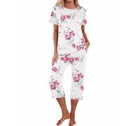 Ekouaer Schlafanzug Damen Kurzarm 3/4 Lange Capri Hose Pyjamas Set Sommer Schlafanzüge Zweiteiliger Kurz, Rose Weiß, XL