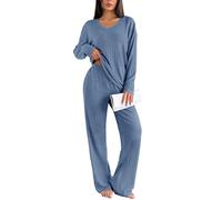 Ekouaer Schlafanzug Damen Lang Gerippt Zweiteiliger Pyjama Set Winter Loungewear Warm Hausanzug mit Flauschigem Stoff, Grau Blau XL