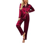 Ekouaer Schlafanzug Damen Lang Satin Schlafanzug Winter Hausanzug für Frauen Seide Pyjama Set Sleepshirt mit Knöpfe,Rot,M