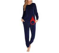 Ekouaer Schlafanzug Damen Lang Velour Pyjama Set Nachtwäsche Hausanzug Navy Blau L