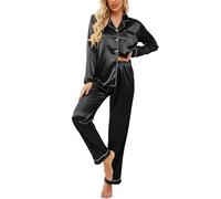 Ekouaer Schlafanzug Damen Seide Pyjama Set mit Knopf Frauen Seide Schlafanzug Damen Seide Lang Zweiteiliger Pjs Sets Hausanzug,Schwarz,S
