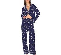 Ekouaer Schlafanzug Damen Weiche Pijama Damen Sexy Langarm Schlafanzüge Zweiteiliger Lounge Set PJs Mit Knopfleiste Marineblau Teddybär L