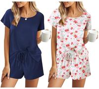 Ekouaer Schlafanzug Kurz Damen Kurzarm 2PCS Schlafanzug Rundhals Hausanzug Shorty Kurz Pyjama Druckdesign Zweiteiliger Pyjamahose, Navy+Blumen2, XL