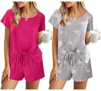 Ekouaer Schlafanzug Kurz Damen Kurzarm 2PCS Schlafanzug Rundhals Hausanzug Shorty Kurz Pyjama Druckdesign Zweiteiliger Pyjamahose, Magenta+Stern, XL