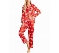 Ekouaer Seide Pyjama Set Langarm Schlafanzug Damen mit Knopf Seide Zweiteiliger Pjs Sets Hausanzug,Rot,XXL