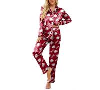 Ekouaer Seide Pyjama Set Langarm Schlafanzug Damen mit Knopf Seide Zweiteiliger Pjs Sets Hausanzug,Teddybär,L