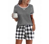 Ekouaer Shorty Pyjama Damen Sommer Kurz Schlafanzug Damen Kurzarm Schlafshorts Nachtwäsche Zweiteiliger Pjs Sets Rundhals Hausanzug, Grau, S