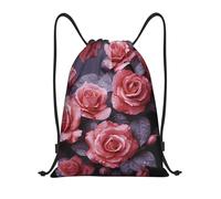 EKYOSHCZ Rucksack mit Kordelzug, Motiv: Rote Rosen, Blumenmuster, wasserabweisend, Sportbeutel, Fitnessstudio, Strand, Schwimmen, Reisen, Tagesrucksack, Schwarz , S, Reiserucksäcke
