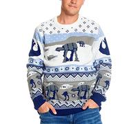 Elbenwald Strickpullover mit Star Wars Schlacht auf Hoth Norwegermuster im winterlichen Design mit at-at und at-ST in grau, blau, weiß - XXL
