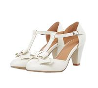 Elbslutt Damen Cute Retro Rockabilly Schuhe T Strap Mary Janes Heels Chunky Cosplay Schuhe Sweet Block Heel Bow Pumps, Weiss/opulenter Garten, 40 EU