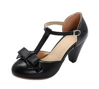 Elbslutt Damen Cute Retro Rockabilly Schuhe T Strap Mary Janes Heels Chunky Cosplay Schuhe Sweet Block Heel Bow Pumps, Schwarz, 42 EU