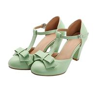 Elbslutt Damen Cute Retro Rockabilly Schuhe T Strap Mary Janes Heels Chunky Cosplay Schuhe Sweet Block Heel Bow Pumps, Grün , 38 EU