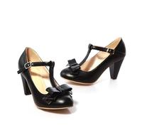 Elbslutt Damen Cute Retro Rockabilly Schuhe T Strap Mary Janes Heels Chunky Cosplay Schuhe Sweet Block Heel Bow Pumps, Retro Schwarz, 40.5 EU