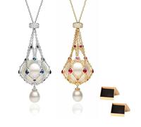 ELDEMA Perlen- und Edelstein-Lavalier-Anhänger, 925er-Sterlingsilber-Perlenkäfig-Halskette, natürliche Perlen-Zirkon-Anhänger-Halsketten, geflochtene Perlenhalter-Halskette aus Metallgeflecht (2Stk)