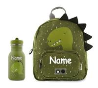 Elefantasie Personalisierter Kinderrucksack von Trixie mit Name für Kindergarten und Kita optional mit Trinkflasche Motiv Dino grün (Rucksack + 350ml Flasche)