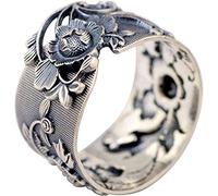 ELEGAM Feng-Shui-Mantra-Ring, Neuheitsring, breiter schwarzer Pfingstrosen-Blumenring im Vintage-Stil for Frauen und Mädchen, 15 mm offen und verstellbar
