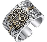 ELEGAM Feng-Shui-Mantra-Ring, Neuheitsring, zweifarbiges Sterlingsilber, ikonischer amerikanischer Highway Route 66-Schilderring, Bandring, Punk-Schmuck, offen und verstellbar