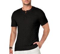 Elegancity Herren Strick T-Shirt Sommer Henley Shirts Herren Kurzarm Casual Basic Button Zopfmuster Kurzarmpullover, Schwarz 3XL