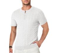 Elegancity Herren Strick T-Shirt Sommer Henley Shirts Herren Kurzarm Casual Basic Button Zopfmuster Kurzarmpullover, Weiß 3XL