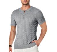 Elegancity Herren Strick T-Shirt Sommer Henley Shirts Herren Kurzarm Casual Basic Button Zopfmuster Kurzarmpullover, Grau 3XL