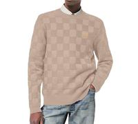 Elegancity Pullover Herren Rundhalsausschnitt Karierter Pullover Langarm Winter Schachbrett Strickpullover Regular Fit Pergament 2XL