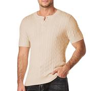 Elegancity T-Shirts Herren Henley Shirt Kurzarm Strick T-Shirt Sommer Herren Basic Button Zopfmuster Kurzarmpullover,Aprikose S