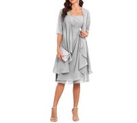 Elegant 2-teiliges Brautmutterkleid für Hochzeit, Teelänge, silbernes Chiffon-Kleid für den Bräutigam mit Ärmeljacke, UK14