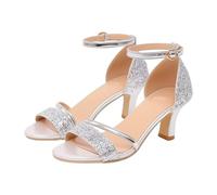 Elegant Absatz Sandalen Damen Schnalle Glitzer Absatzschuhe High Heel Offene Pumps Sommer Weiche Leichte Bequem Breite Füße Rutschfeste Glitzer Orthopädische Schuhe (Silver, 36)