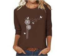 Elegant Bluse Damen Slim Fit T-Shirt 3/4 Ärmel Longshirt Sommer Casual Oberteile Baumwolle Leicht Tunika Tops Mode Rundhals Wickelbluse Löwenzahn Muster Sommershirts Frauen Sportshirt