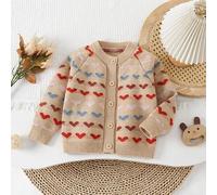 Elegant gemusterte Strickjacke mit Raglanärmeln und Knöpfen für Kleine Mädchen, Herzmuster, Herbst/Winter