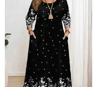 Elegant gemustertes Kleid mit Blüten- und Schmetterlingsdruck in großen Größen für Damen, langärmliges Rundhalskleid, geeignet für Frühling und Herbst