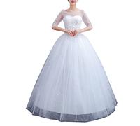 Elegant Hochzeitskleid Damen Lang Vintage Spitze A Linie Hochzeitskleider Brautkleid Prinzessin Glitzer Brautkleider Standesamt Tüll mit Ärmel,Weiß,XXL