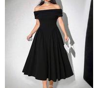 Elegant Midi Kleid in Schwarz mit Carmen-Ausschnitt für Mollige, Kleid für Hochzeitsgäste
