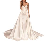 Elegant Satin Meerjungfrau Brautkleid Damen Falten Brautkleider Trägerlos Hochzeitskleid mit Schleppe, SEVENYXX, White, 42