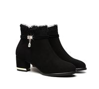 Elegant Stiefeletten Mit Blockabsatz 2023 Neu Kurz Stiefel Mit Strass Lacespleißen Ankle Boots Herbst Winter Wildleder Booties Warm Plüsch Schneestiefel High Heels Knöchel Schuhe ( Color : Black , Siz