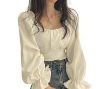 Elegante Bluse im französischen Stil für Damen, Frühlings-Puffärmel, quadratischer Kragen, bauchfreies Top, koreanischer Mode, adretter Stil, süße Schleife, Bandage-Shirts