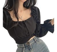 Elegante Bluse im französischen Stil für Damen, Frühlings-Puffärmel, quadratischer Kragen, bauchfreies Top, koreanischer Mode, adretter Stil, süße Schleife, Bandage-Shirts