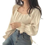 Elegante Bluse im französischen Stil für Damen, Frühlings-Puffärmel, quadratischer Kragen, bauchfreies Top, koreanischer Mode, adretter Stil, süße Schleife, Bandage-Shirts
