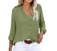 Elegante Blusen Damen Sommer Lässiges Button Down Lockere Arbeit Oberteil Hemdbluse Blusenshirt mit Knöpfen Arbeit Lose V-Ausschnitt Tunika Bluse Solide Langarm Locker Langarmshirt