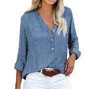 Elegante Blusen Damen Sommer Lässiges Button Down Lockere Arbeit Oberteil Hemdbluse Blusenshirt mit Knöpfen Arbeit Lose V-Ausschnitt Tunika Bluse Solide Langarm Locker Langarmshirt