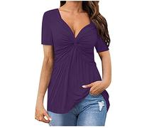 Elegante Chiffon-Blusen für Damen, lässig, V-Ausschnitt, Tunika, Tops, leicht, kurzärmelig, bequem, einfarbig, plissiert, atmungsaktiv, Pullover, Partykleidung, 044 x Violett, 50