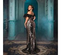 Elegante Damen Abendkleider in Große Größen mit glitzernden Pailletten, Off-Shoulder, mit Rüschen, für Abschlussball, Hochzeitsgast, Frühling, Sommer,