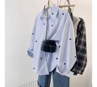 Elegante Damen Frühlings-Sommer Blaue Nadelstreifen Knopfbluse Premium Sternenmuster Leicht Atmungsaktiv Lässig Overshirt Für den täglichen Ausflug