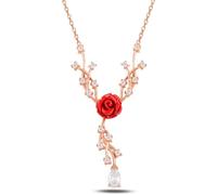 Elegante Damen Halskette 925 Sterling Silber Rosegold - Rankende Rose mit Rotem Emaille-Finish & Zirkonia Steinen